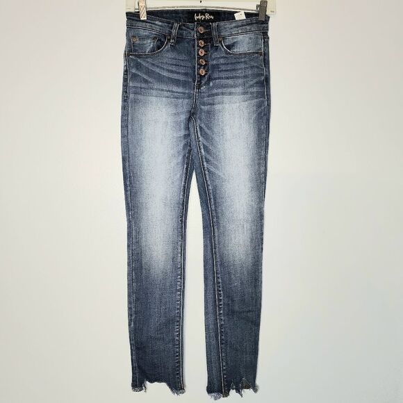 Indigo Reins distressed hem button fly high rise jeans size 5 juniors - Picture 1 of 8